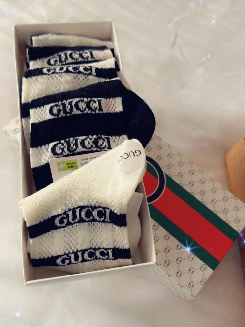 Gucci Black and White Stripe Logo Men's Socks - 3 Pair Set